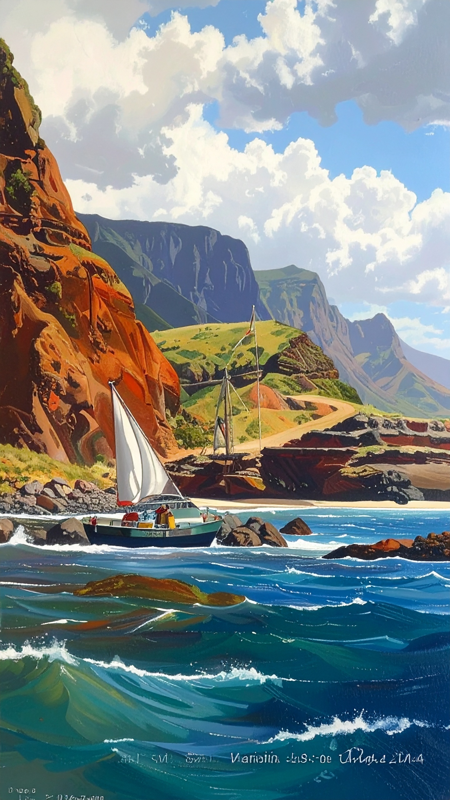 Vibrant Coastal Landscape Painting with Red and Green Cliffs